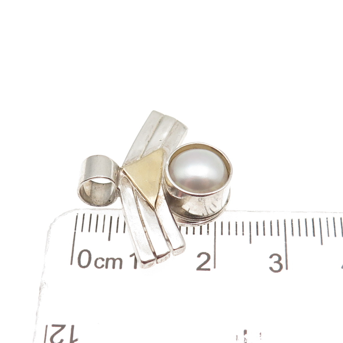 925 Sterling Silver 18K Gold Vintage Real Pearl Modernist Charm Pendant