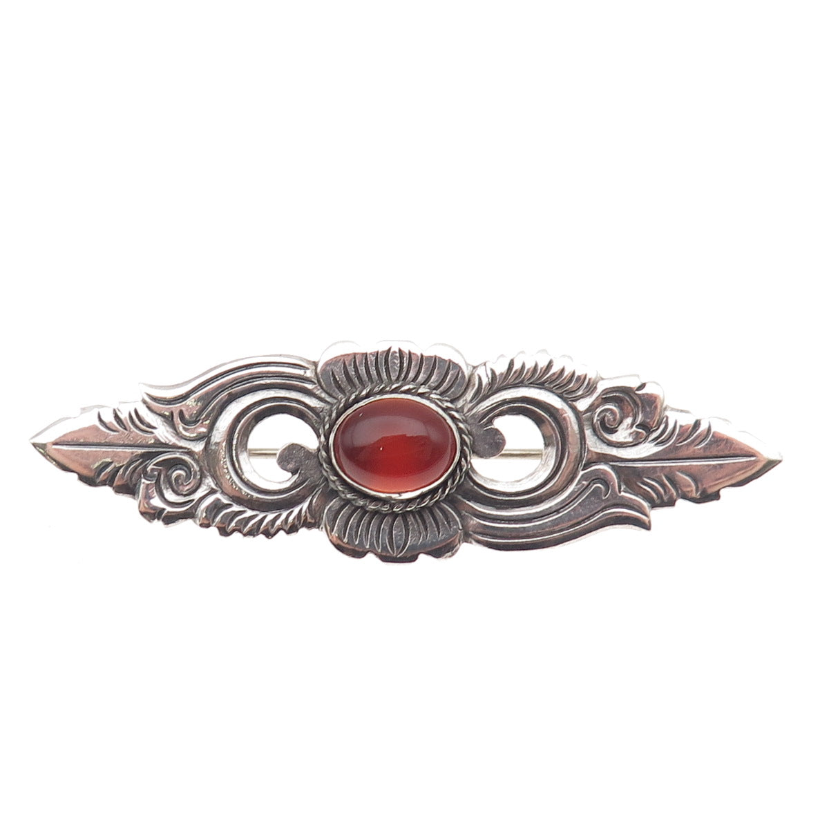 925 Sterling Silver Vintage Real Carnelian Floral Oxidized Pin Brooch
