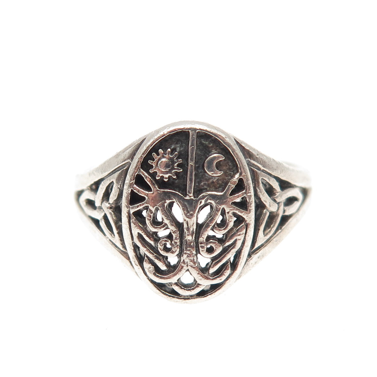 BLING 925 Sterling Vintage Celtic Night Day Sun Moon Tree of Life Ring Size 6