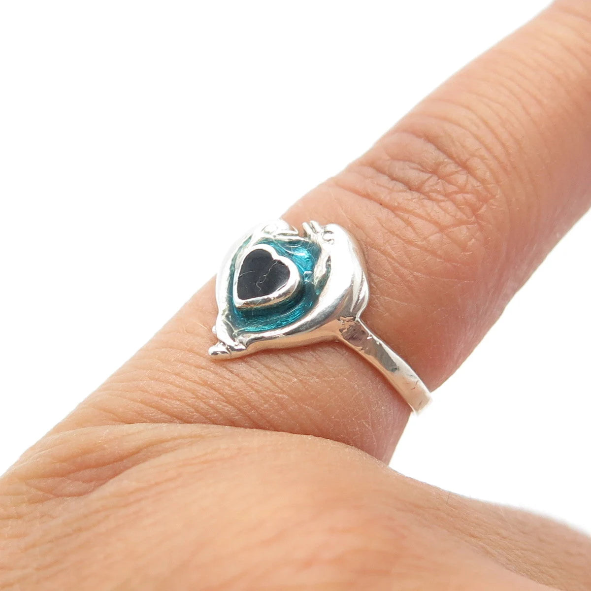 925 Sterling Silver Vintage Real Black Onyx Gem Couple of Dolphins Ring Size 4