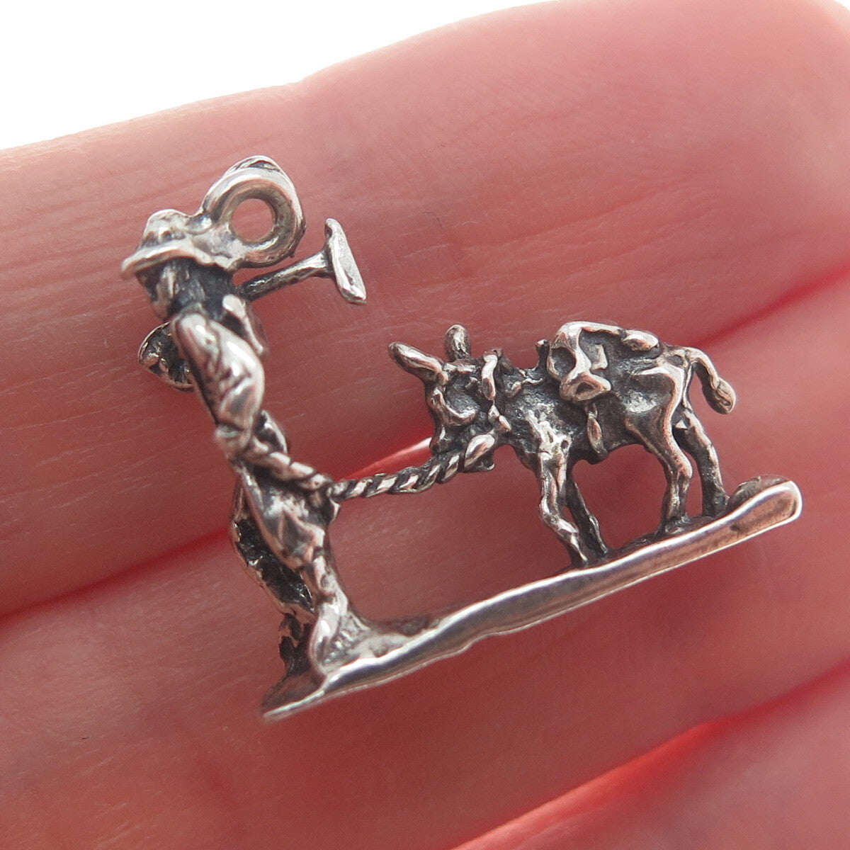 925 Sterling Silver Vintage Gold Miner with Donkey Oxidized 3D Pendant
