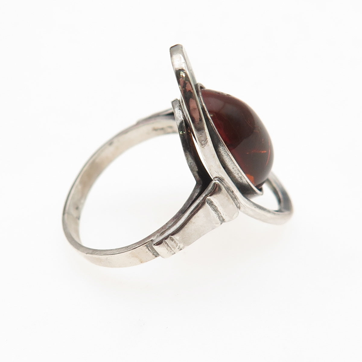 925 Sterling Silver Vintage MW Poland Real Amber Modernist Ring Size 7.25