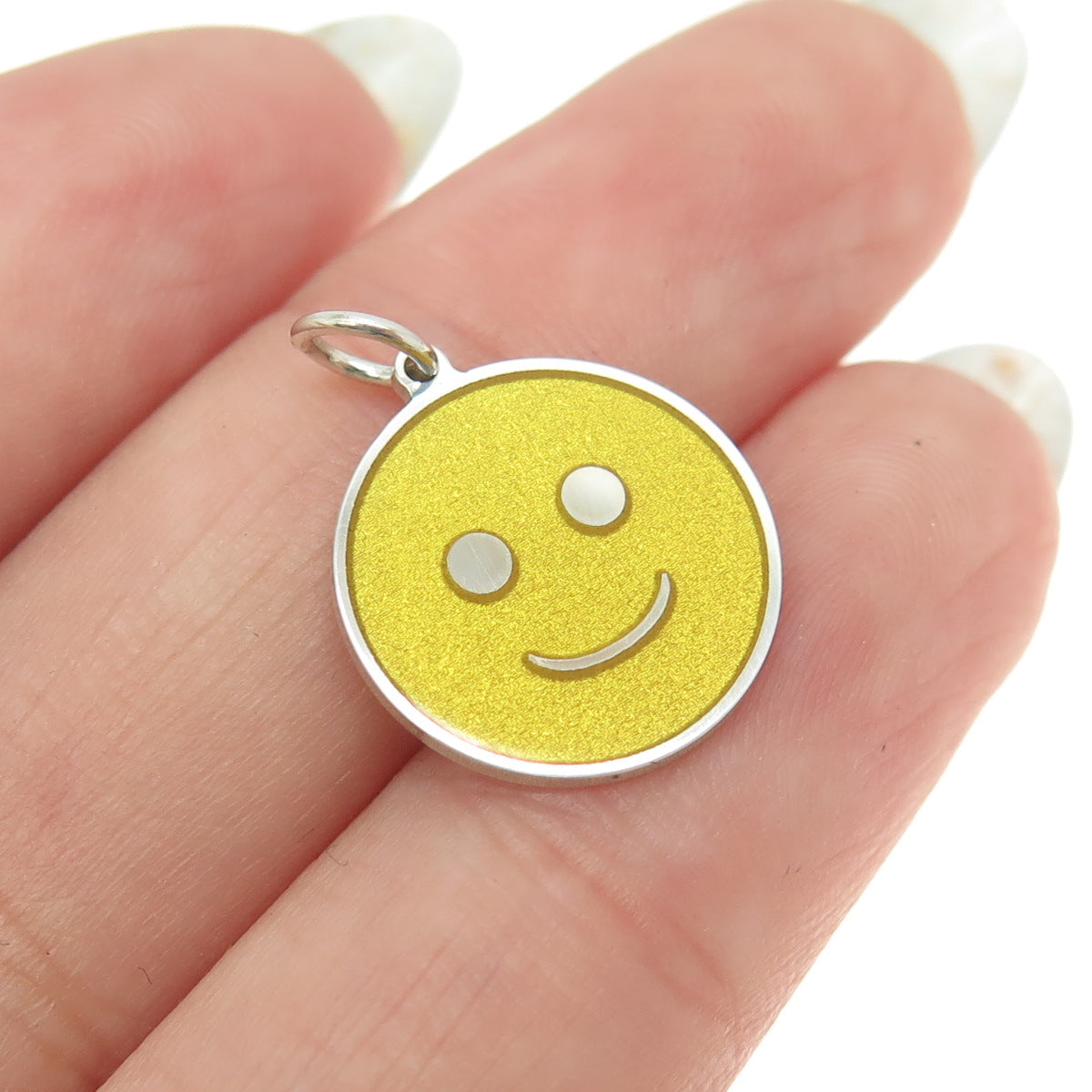 925 Sterling Silver Yellow Enamel Smiling Face Emoji Minimalist Charm Pendant