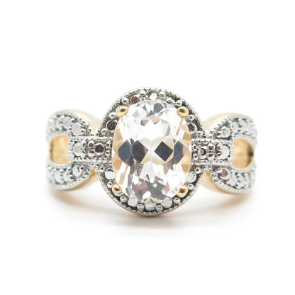 925 Sterling Silver Gold Plated DBJ Real Light Blue Topaz Gem Oval Ring Size 7