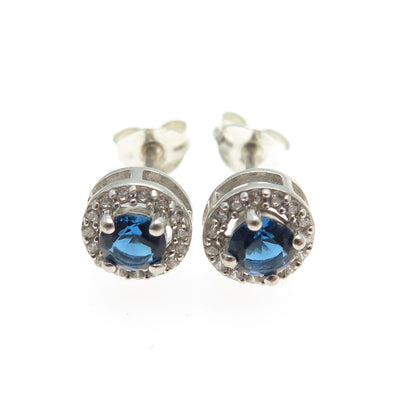 SAY 925 Sterling Silver Round-Cut Nano Sapphire & C Z Stud Earrings