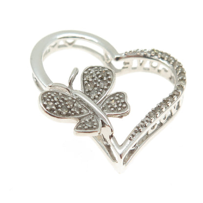 925 Sterling Silver Real Round-Cut Diamond Butterfly Heart Slide Pendant