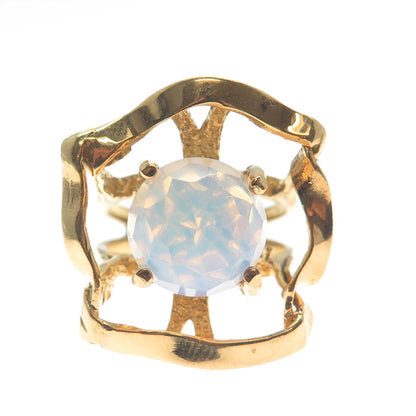 925 Sterling Silver Gold Plated Real Opalite Gem Modernist Wide Ring Size 8.5