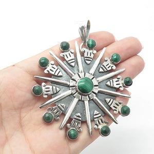 925 Sterling Silver Vintage Mexico Real Malachite Fortune Wheel Pendant