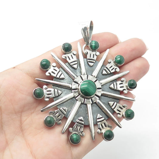 925 Sterling Silver Vintage Mexico Real Malachite Fortune Wheel Pendant
