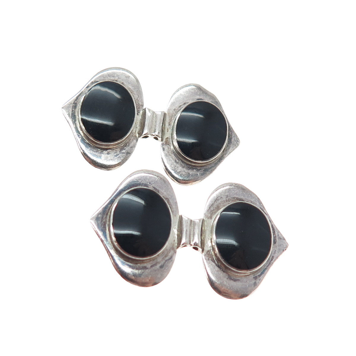 925 Sterling Silver Vintage Real Black Onyx Modernist Heart Oxidized Earrings
