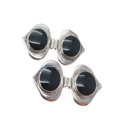 925 Sterling Silver Vintage Real Black Onyx Modernist Heart Oxidized Earrings