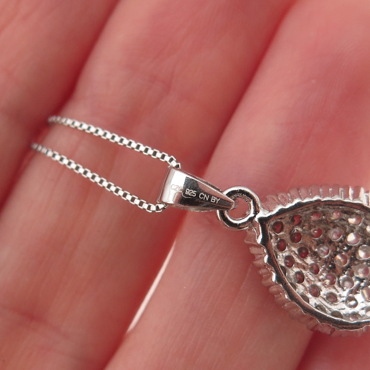 925 Sterling Silver Round-Cut C Z Teardrop Box Chain Necklace 18"