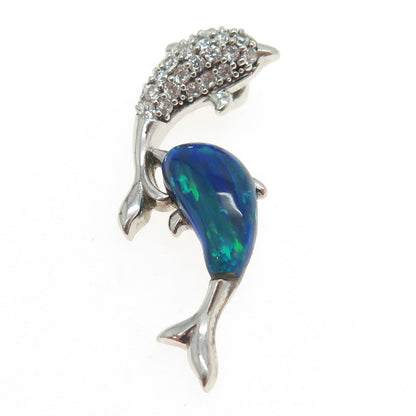 925 Sterling Silver Real Doublet Opal & Round-Cut C Z Dolphin Couple Pendant