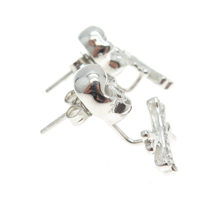 925 Sterling Silver Round-Cut C Z Stud Skull & Jacket Bones Charm Earrings