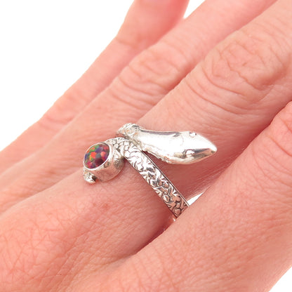 925 Sterling Silver Vintage Real Red Opal Snake Oxidized Ring Size 8.75