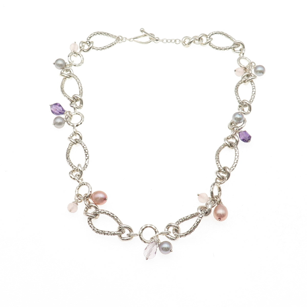 Michael Dawkins 925 Sterling Silver Real Pearl Amethyst Rose Quartz Necklace 18"
