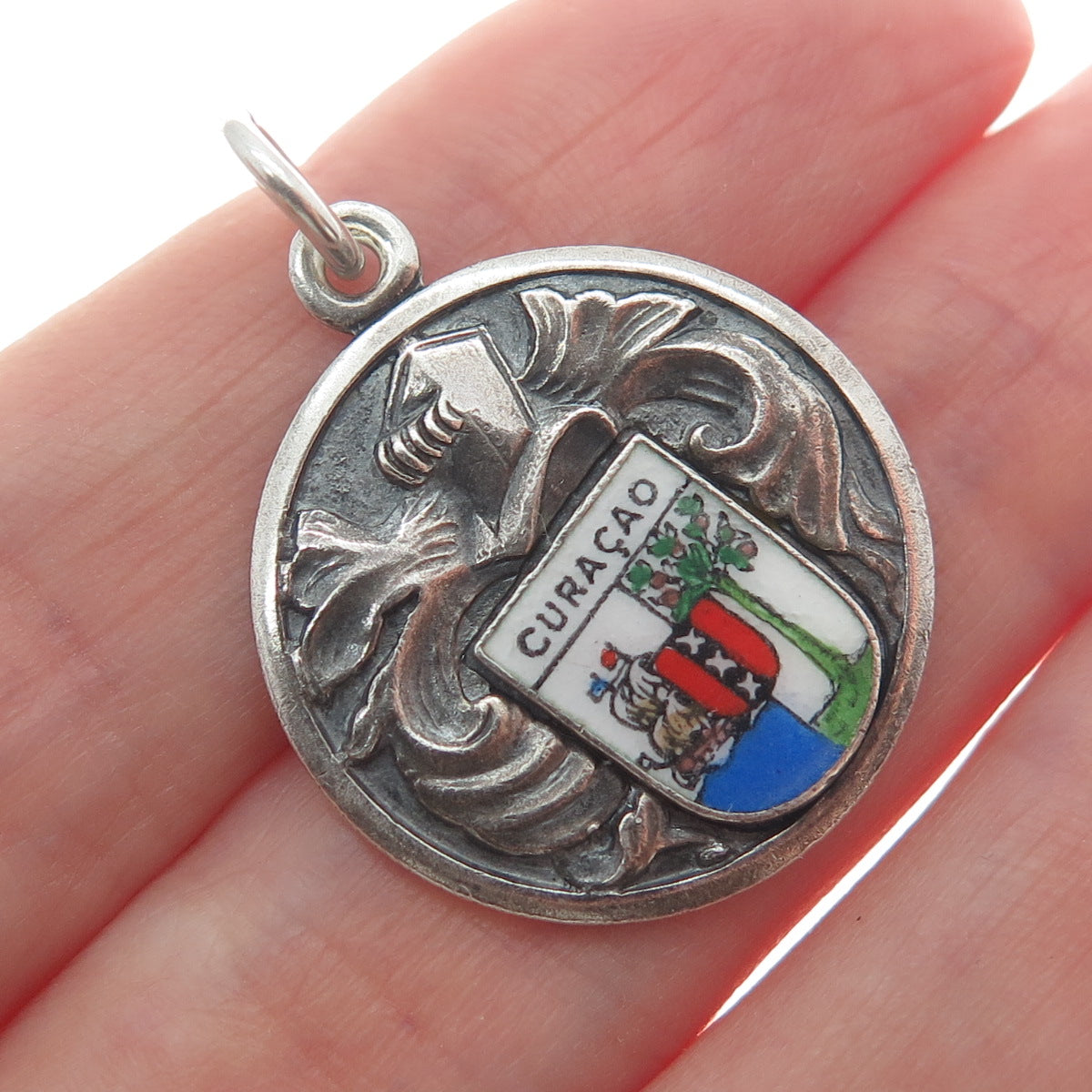 925 Sterling Silver Vintage Enamel Curacao Caribbean Island Tag Charm Pendant