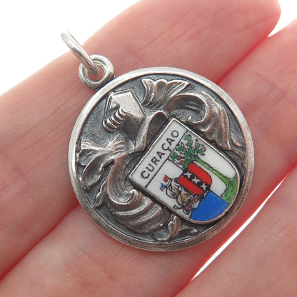 925 Sterling Silver Vintage Enamel Curacao Caribbean Island Tag Charm Pendant