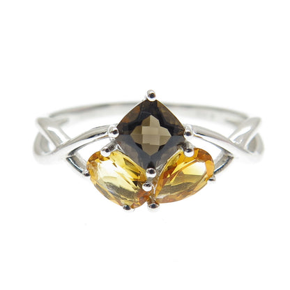 925 Sterling Silver Smoky Quartz Lemon Citrine & Citrine Gem Ring Size 10.25