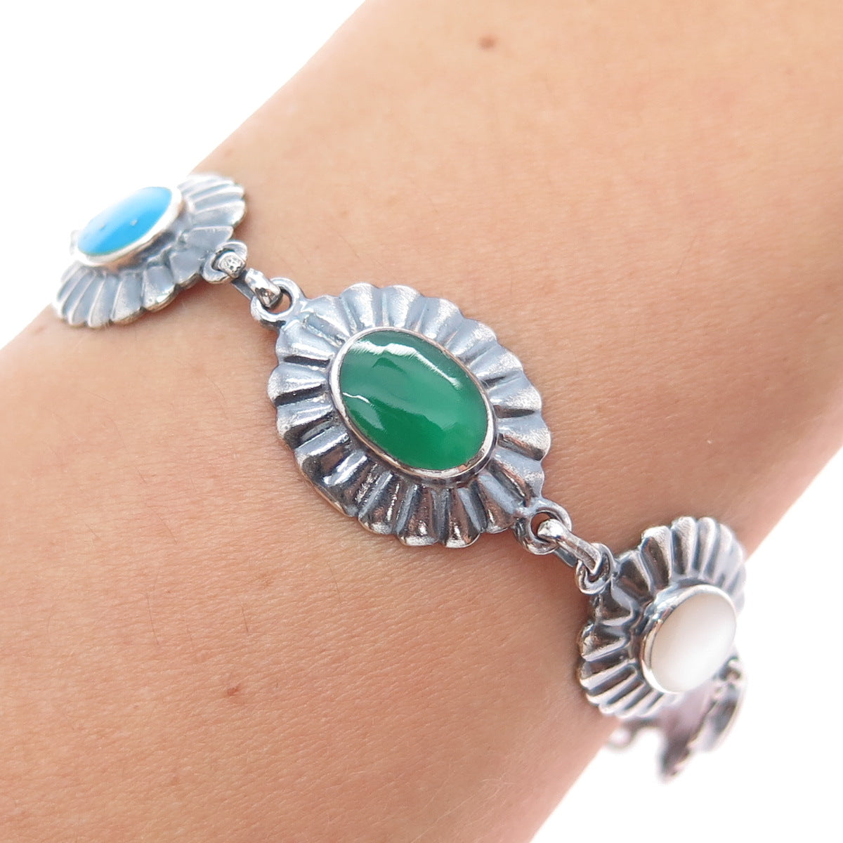 925 Sterling Vintage Turquoise Carnelian Black & Green Onyx MOP Bracelet 6.5"
