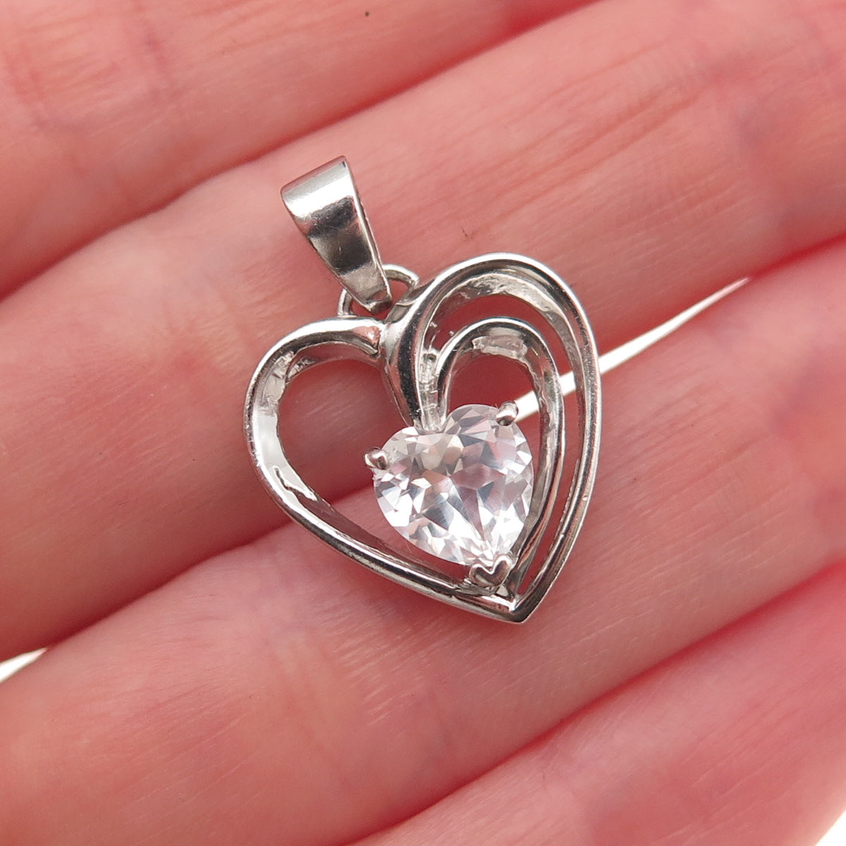 925 Sterling Silver Vintage Real White Topaz Heart Mini Charm Pendant