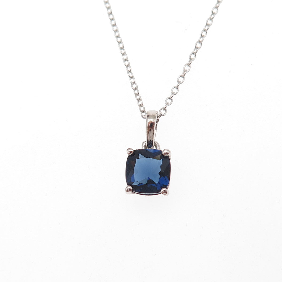 925 Sterling Silver Cushion-Cut Blue C Z Cable Chain Necklace 18"