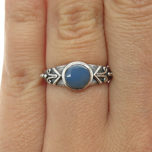 925 Sterling Silver Vintage Real Blue Chalcedony Gemstone Ethnic Ring Size 5.75