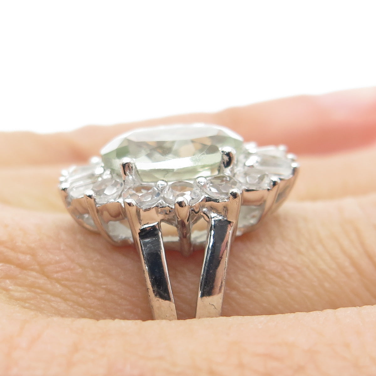 925 Sterling Silver Real Green Amethyst & White Topaz Ring Size 7