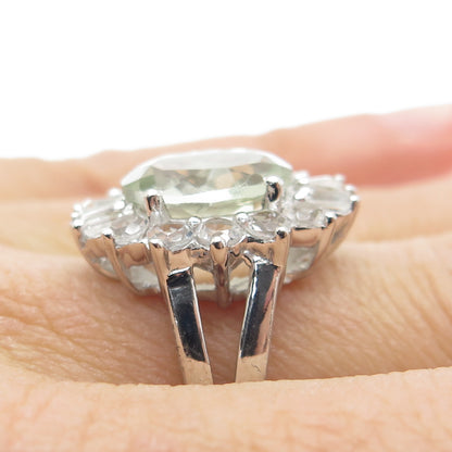 925 Sterling Silver Real Green Amethyst & White Topaz Ring Size 7