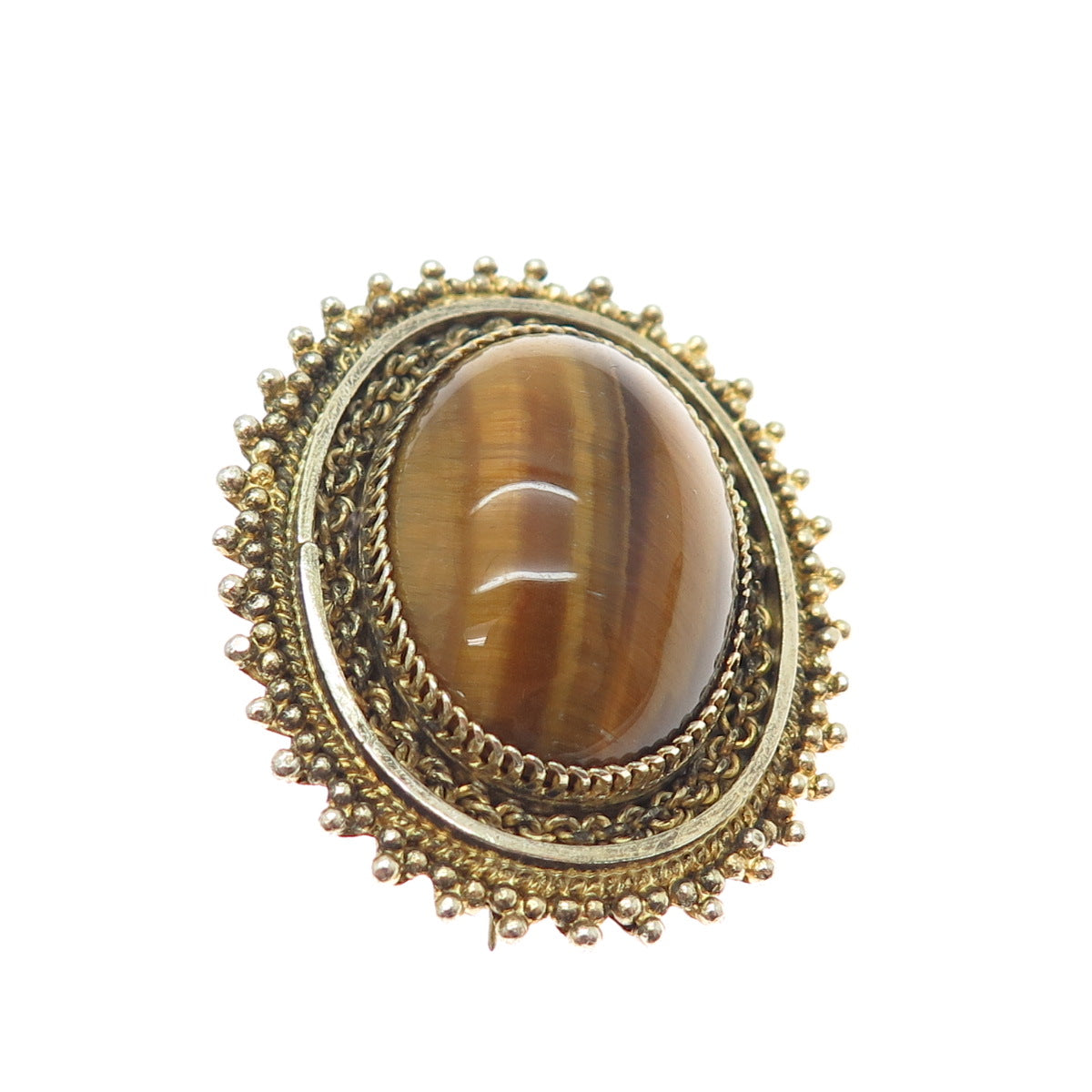 925 Sterling Silver Gold Plated Vintage Israel Real Tiger Eye Pin Brooch Pendant
