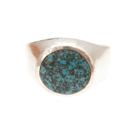 925 Sterling Silver Vintage Real Peacock Turquoise Signet Ring Size 8.25