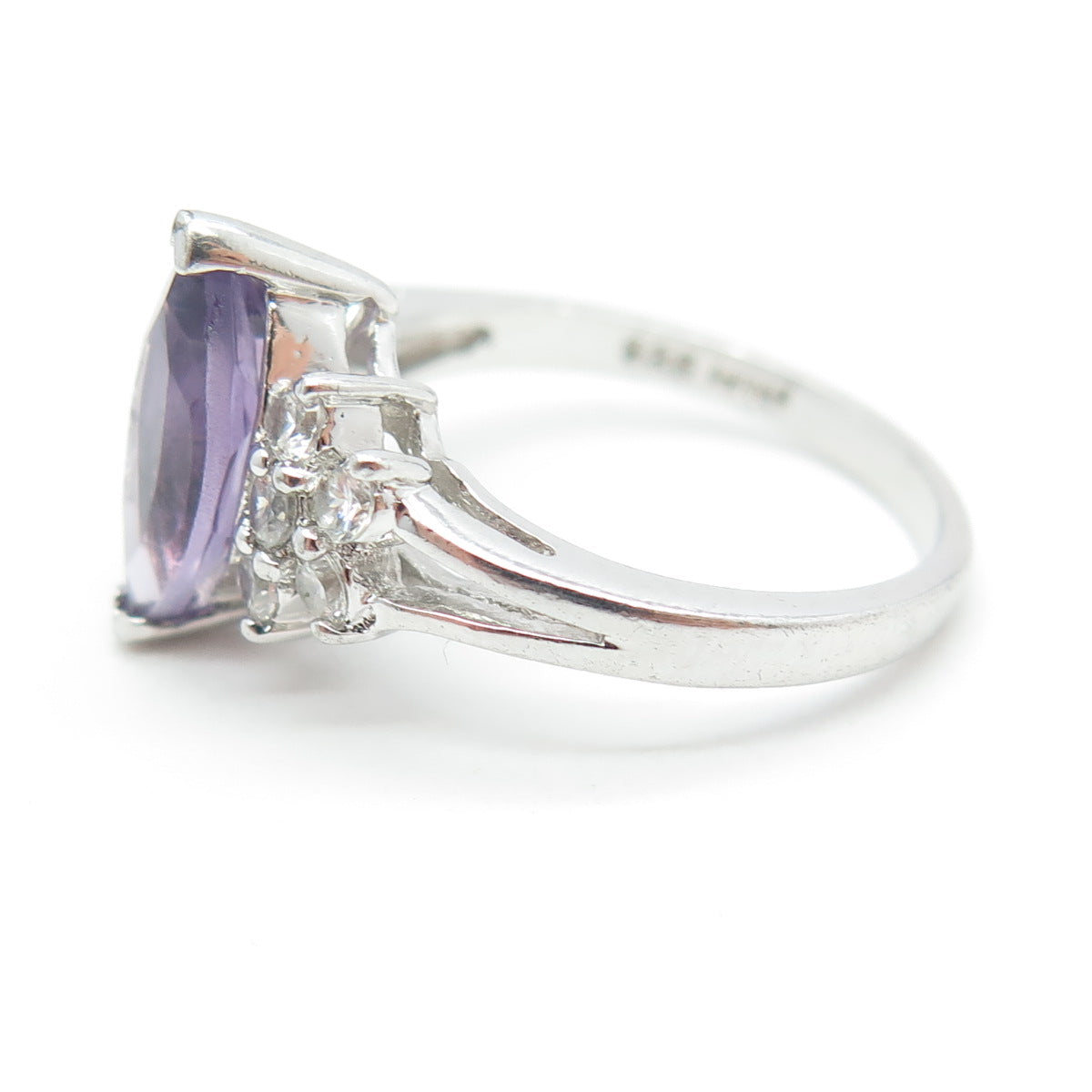 925 Sterling Silver Vintage Real Marquise-Cut Amethyst & White C Z Ring Size 7