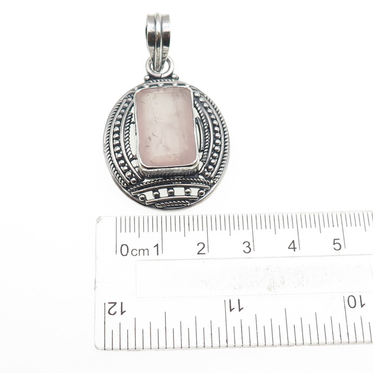 925 Sterling Silver Vintage Real Emerald-Cut Rose Quartz Oxidized Beaded Pendant