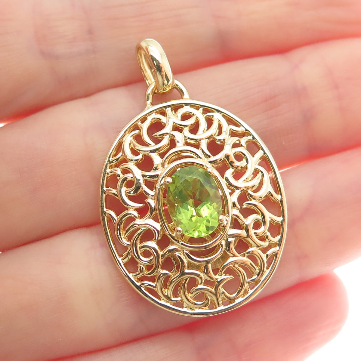 ROSS SIMONS 925 Sterling Silver Gold Plated Real Peridot Swirl Ornate Pendant