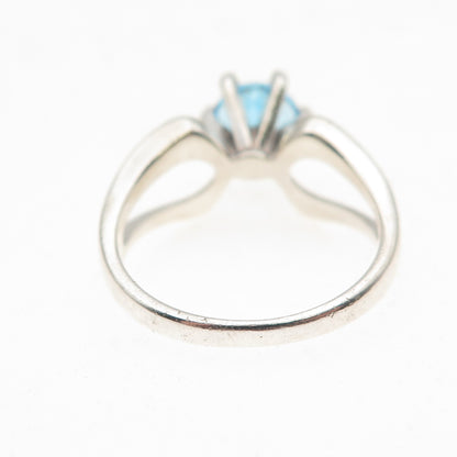 925 Sterling Silver Vintage Real Round-Cut Blue Topaz Modernist Ring Size 7
