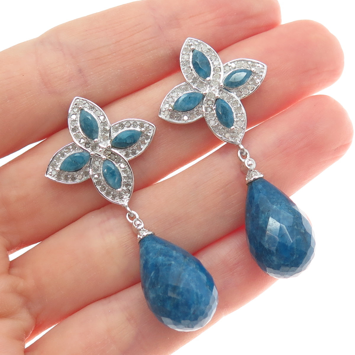 925 Sterling Silver Real Diamond Pear & Marquise-Cut Sapphire Flower Earrings