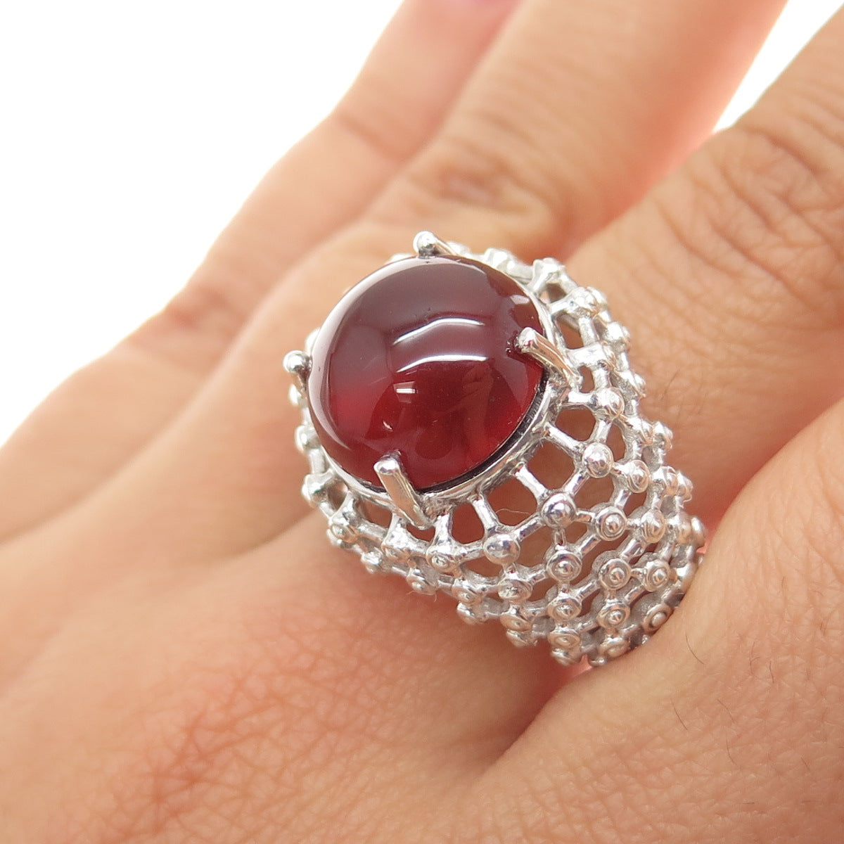 925 Sterling Silver Vintage Real Carnelian Modernist Beaded Mesh Ring Size 7.25