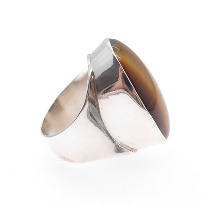 925 Sterling Silver Vintage Israel Real Tiger Eye Modernist Ring Size 4.75
