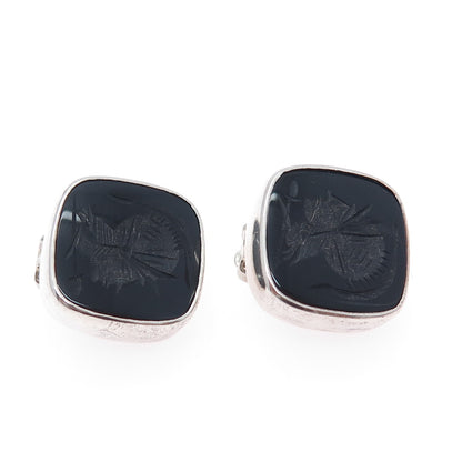 925 Sterling Silver Vintage Real Black Onyx Roman Warrior Clip On Earrings