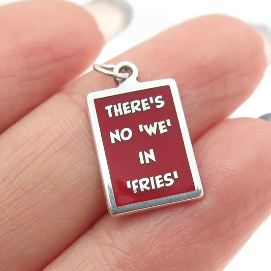 925 Sterling Silver Red Enamel "There's No We In Fries" Minimalist Charm Pendant