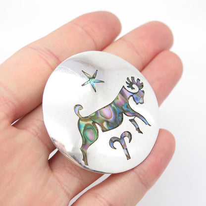 925 Sterling Silver Vintage Mexico Taxco Abalone Shell Aries Zodiac Sign Brooch