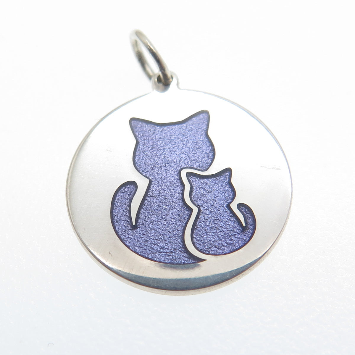 925 Sterling Silver Purple Enamel Cat Couple Round Tag Minimalist Charm Pendant