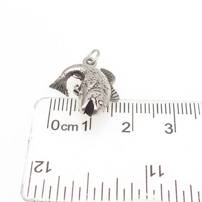 925 Sterling Silver Vintage Fish Oxidized 3D Mini Charm Pendant