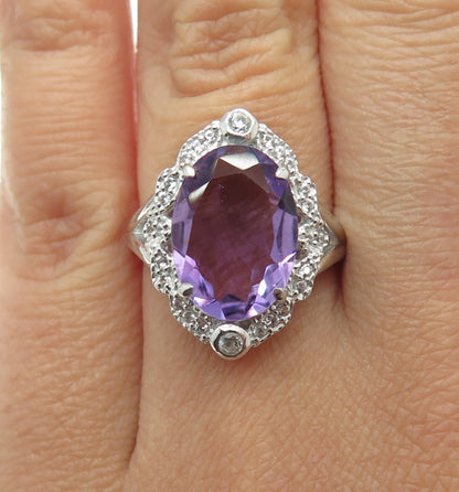 DSMK 925 Sterling Silver Oval-Cut Amethyst & White Topaz Gem Ring Size 6.25