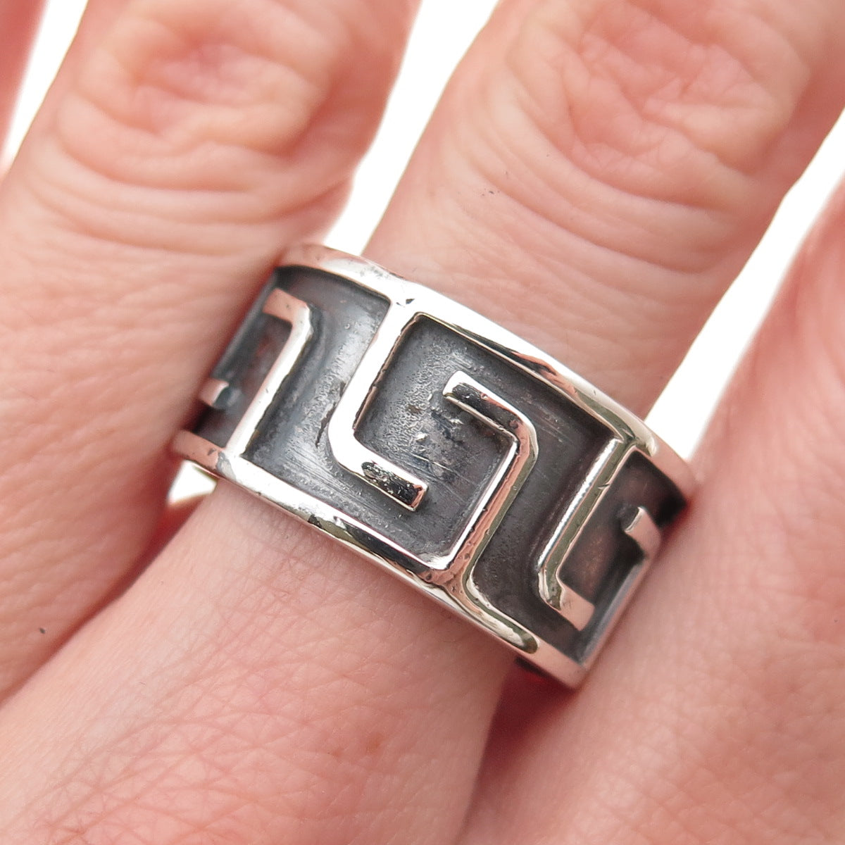 925 Sterling Silver Vintage Greek Maze Oxidized Band Ring Size 10.25