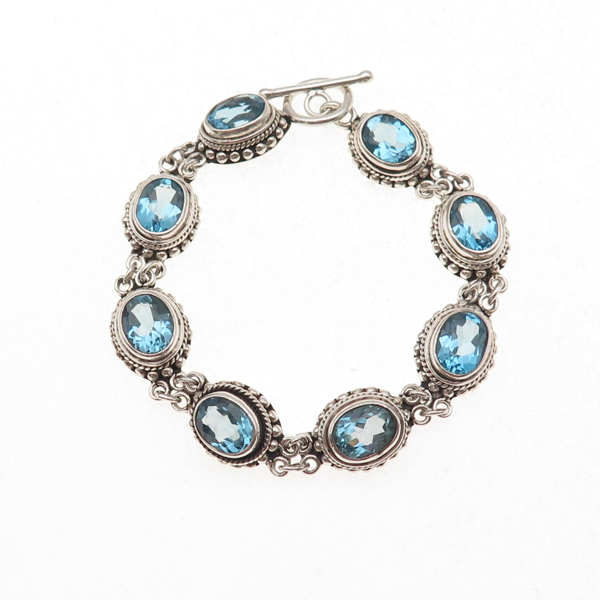Suarti Bali 925 Sterling Silver Vintage Real Blue Topaz Beaded Bracelet 6.5"