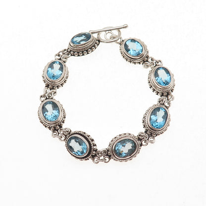 Suarti Bali 925 Sterling Silver Vintage Real Blue Topaz Beaded Bracelet 6.5"