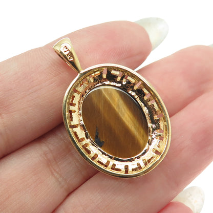 SETA 925 Sterling Silver Gold Plated Real Tiger Eye Greek Maze Oval Pendant