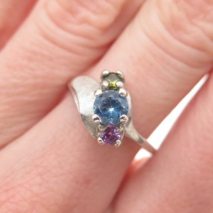 925 Sterling Silver Vintage Real Blue Topaz Amethyst Peridot Bypass Ring Size 7