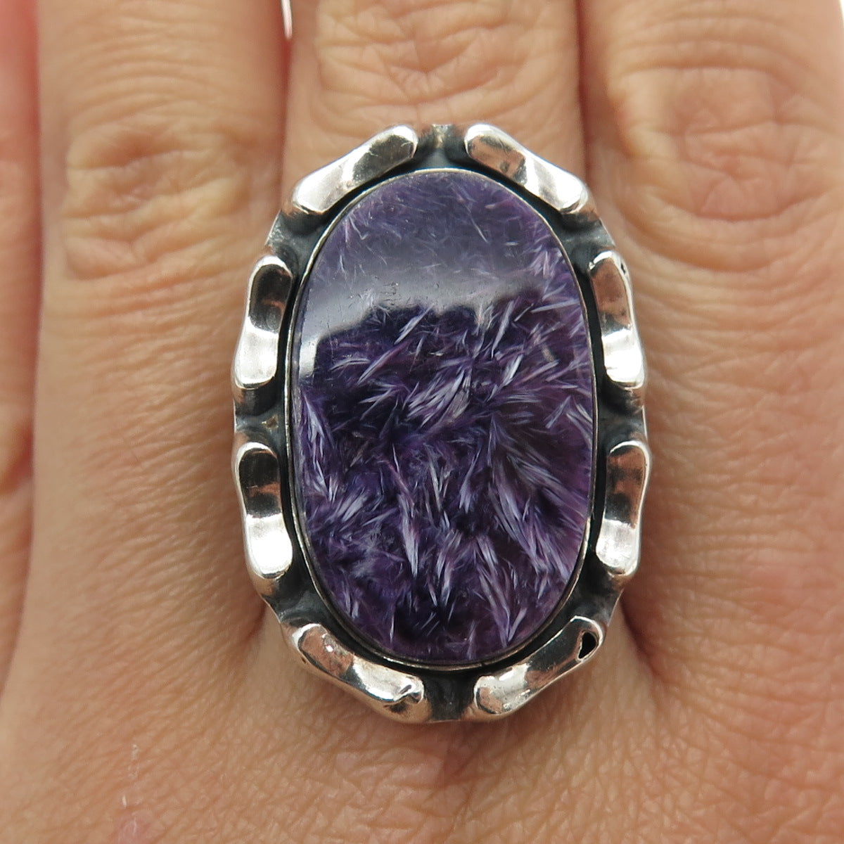 925 Sterling Silver Vintage Real Charoite Gemstone Modernist Ring Size 10.5